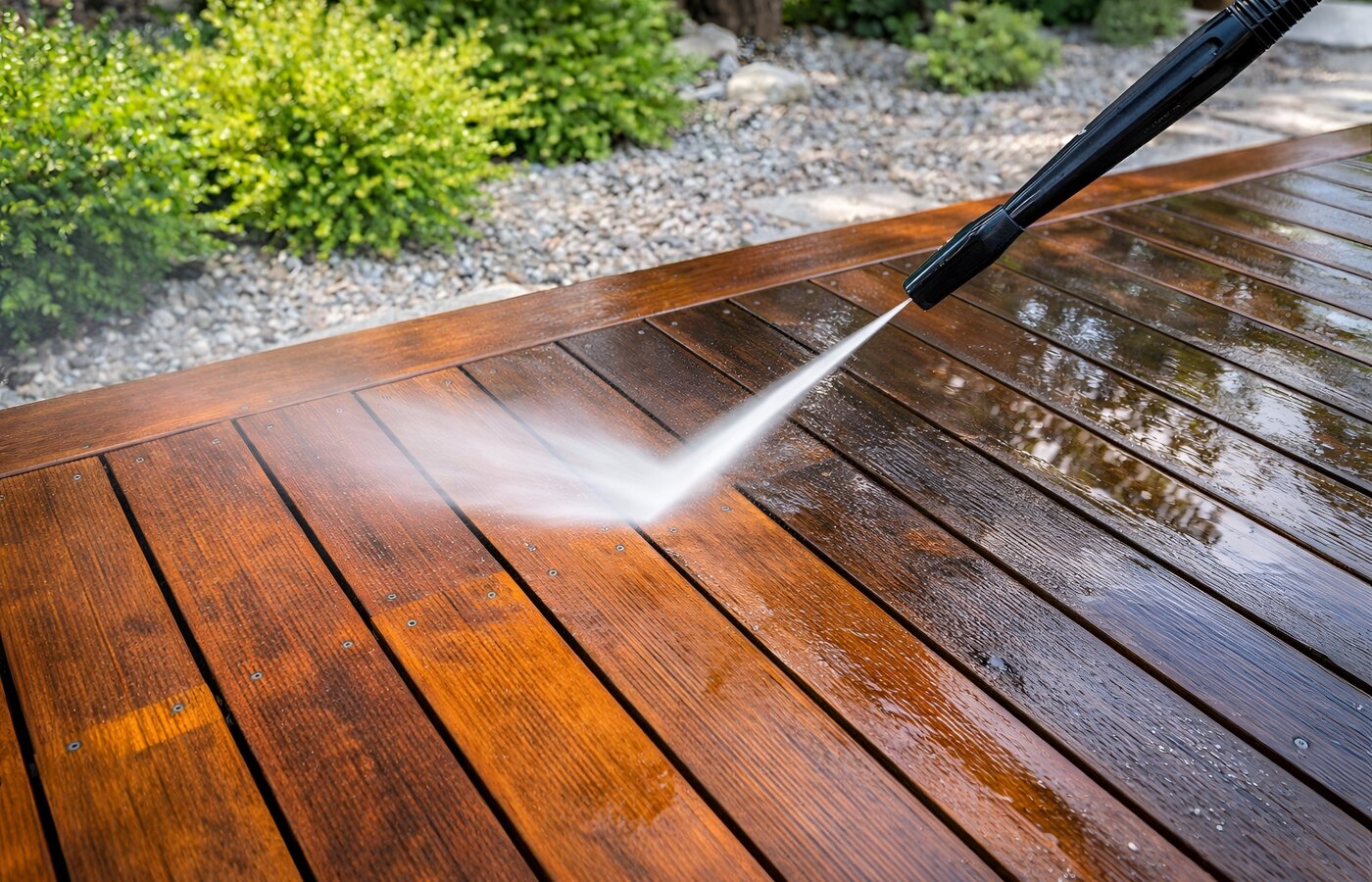 Fresh exterior home surface after pressure washing and soft washing