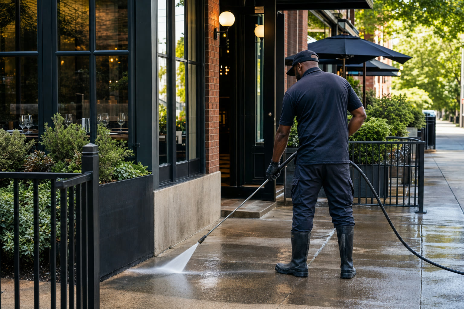 Restaurant storefront sidewalk and patio entry being pressure washed